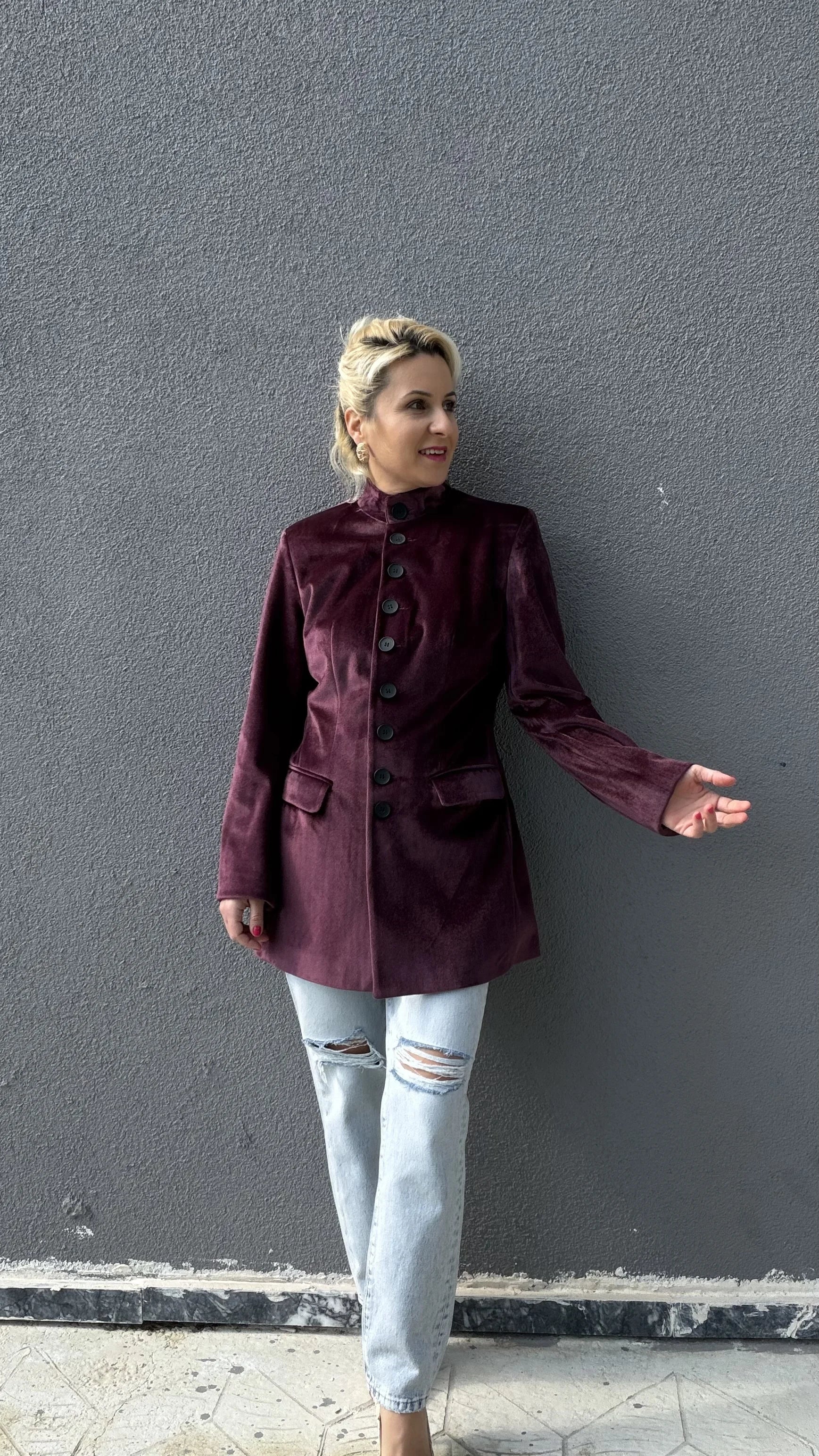 Mürdüm Kadife Blazer Ceket - 4