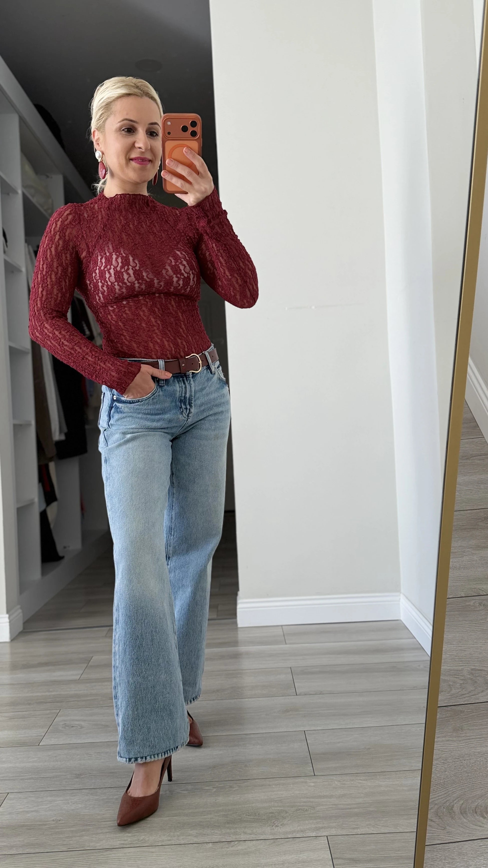 Balıkçı Yaka Transparan Bluz Bordo - 5