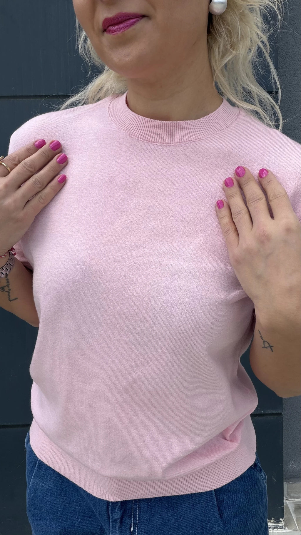 Bisiklet Yaka Kısa Kol Triko Bluz Pembe - 4