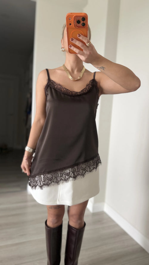 Askılı Saten Dantel Detaylı Trend Bluz Kahve - 2