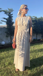 Keten Beli Kuşaklı Elbise Ekru