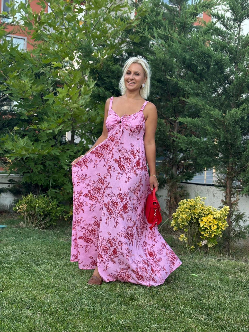 Müslin Kumaş Desenli Elbise Pembe