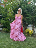 Müslin Kumaş Desenli Elbise Pembe