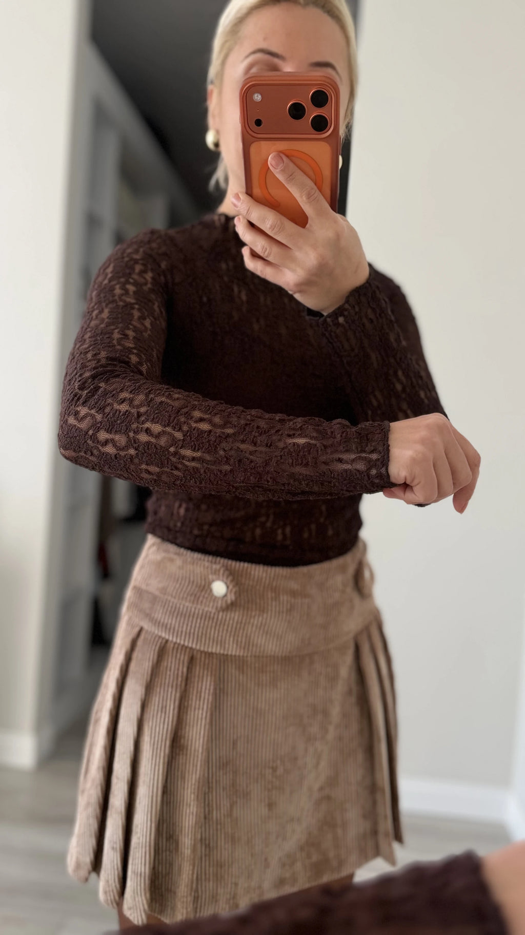 Balıkçı Yaka Transparan Dantel Bluz  Kahve - 7