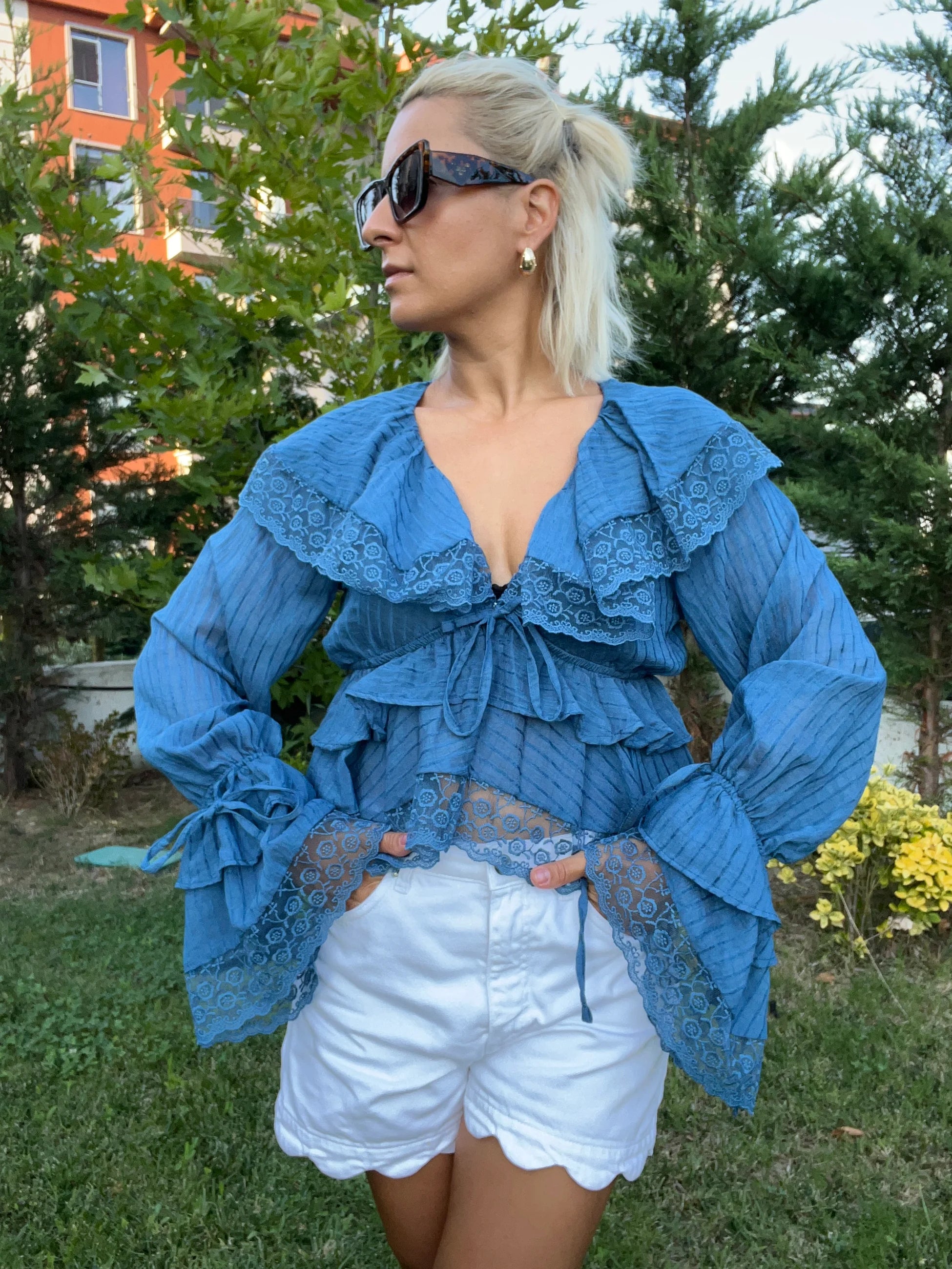 Bohem Tarzı Fırfırlı Bluz Mavi - 2