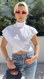 Poplin Crop Omuz Düğmeli Bluz Beyaz