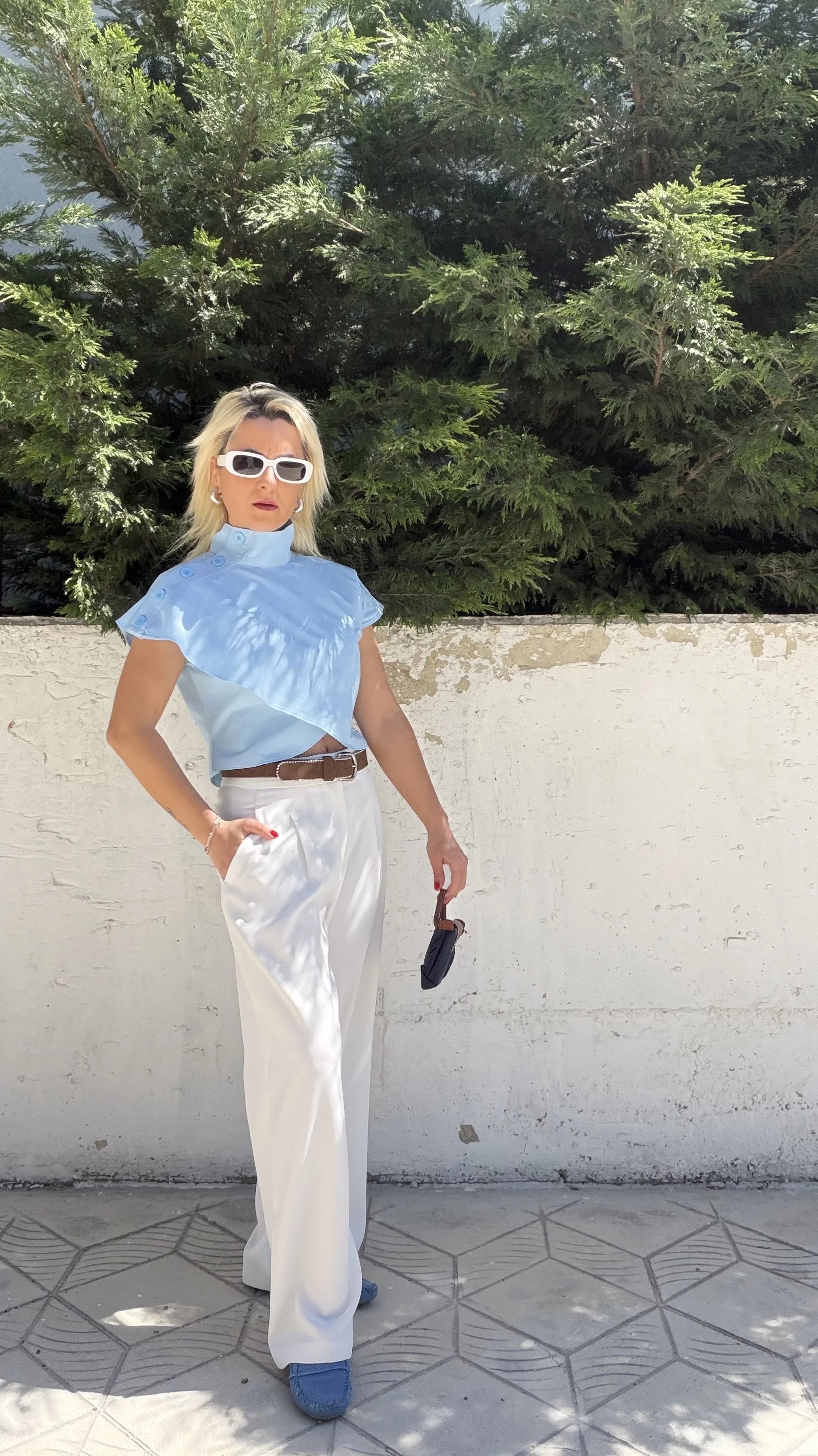 Poplin Crop Omuz Düğmeli Bluz Mavi - 3