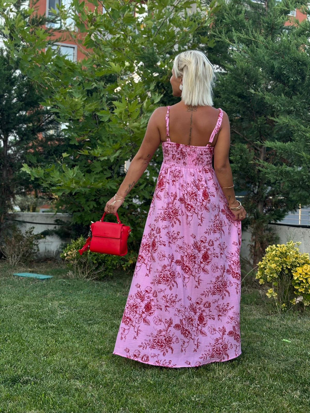 Müslin Kumaş Desenli Elbise Pembe - 3