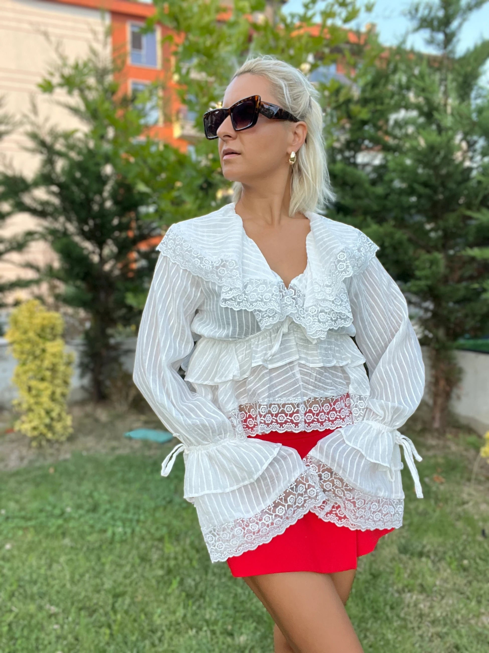Bohem Tarzı Fırfırlı Bluz Beyaz - 3