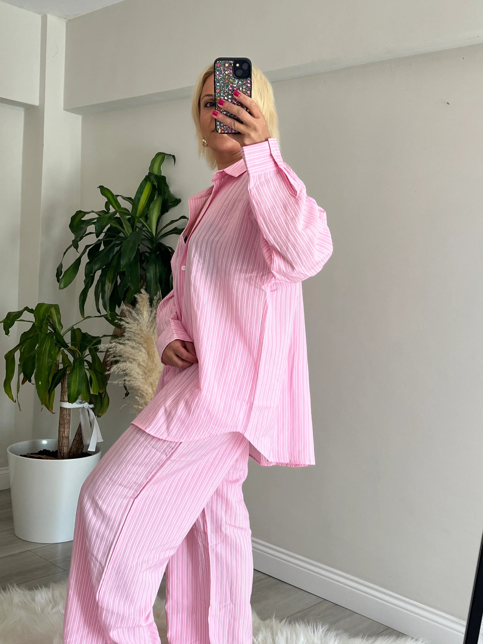 Çizgili Pijama Model Gömlek-Pantolon Takım - 3