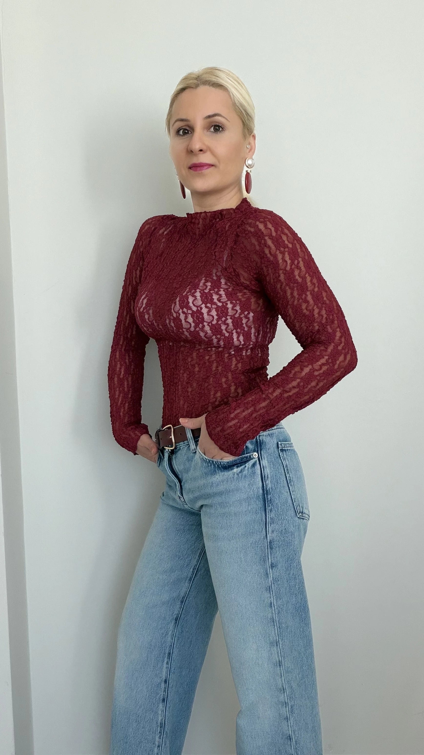 Balıkçı Yaka Transparan Bluz Bordo - 3