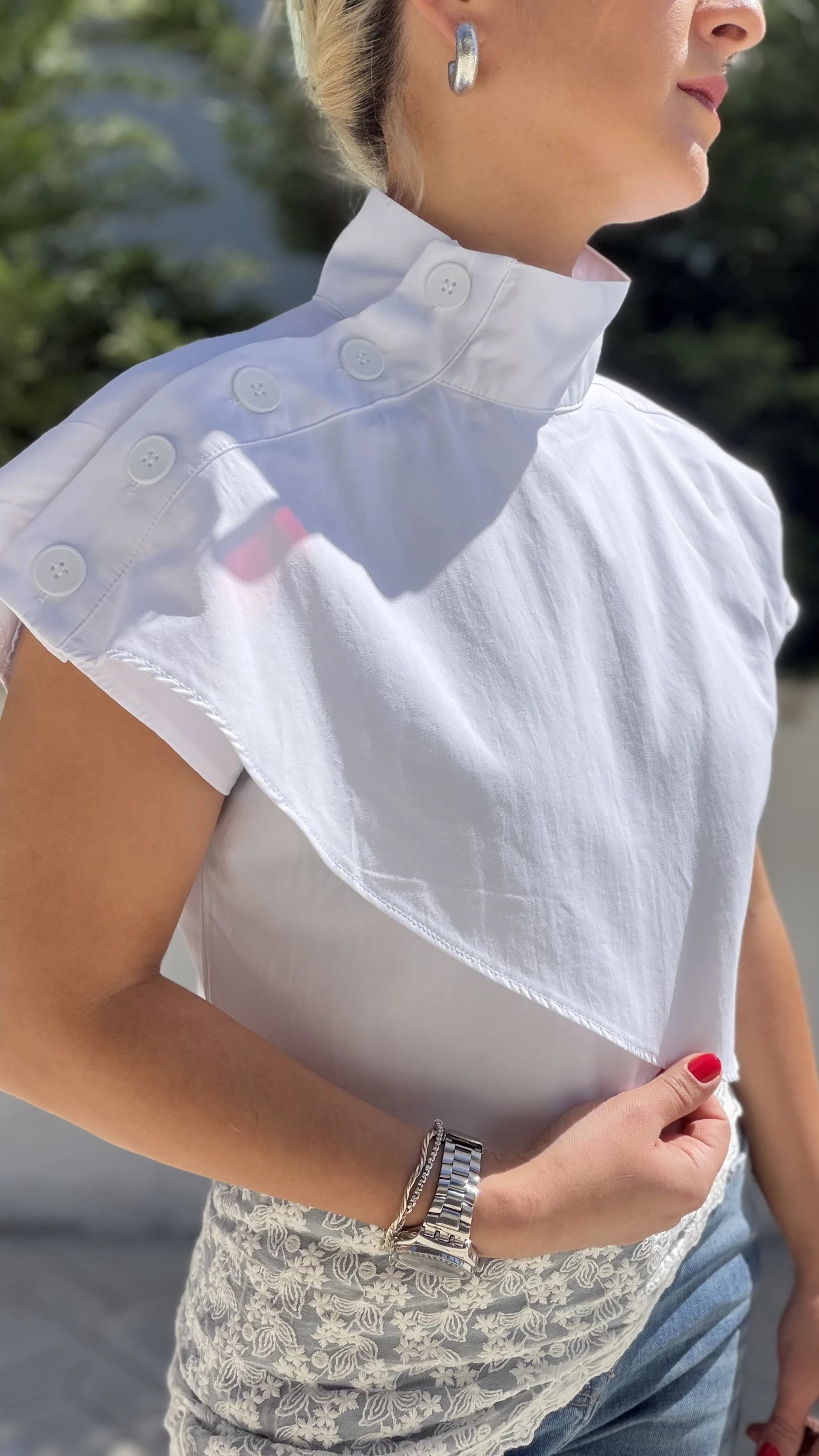 Poplin Crop Omuz Düğmeli Bluz Beyaz - 3