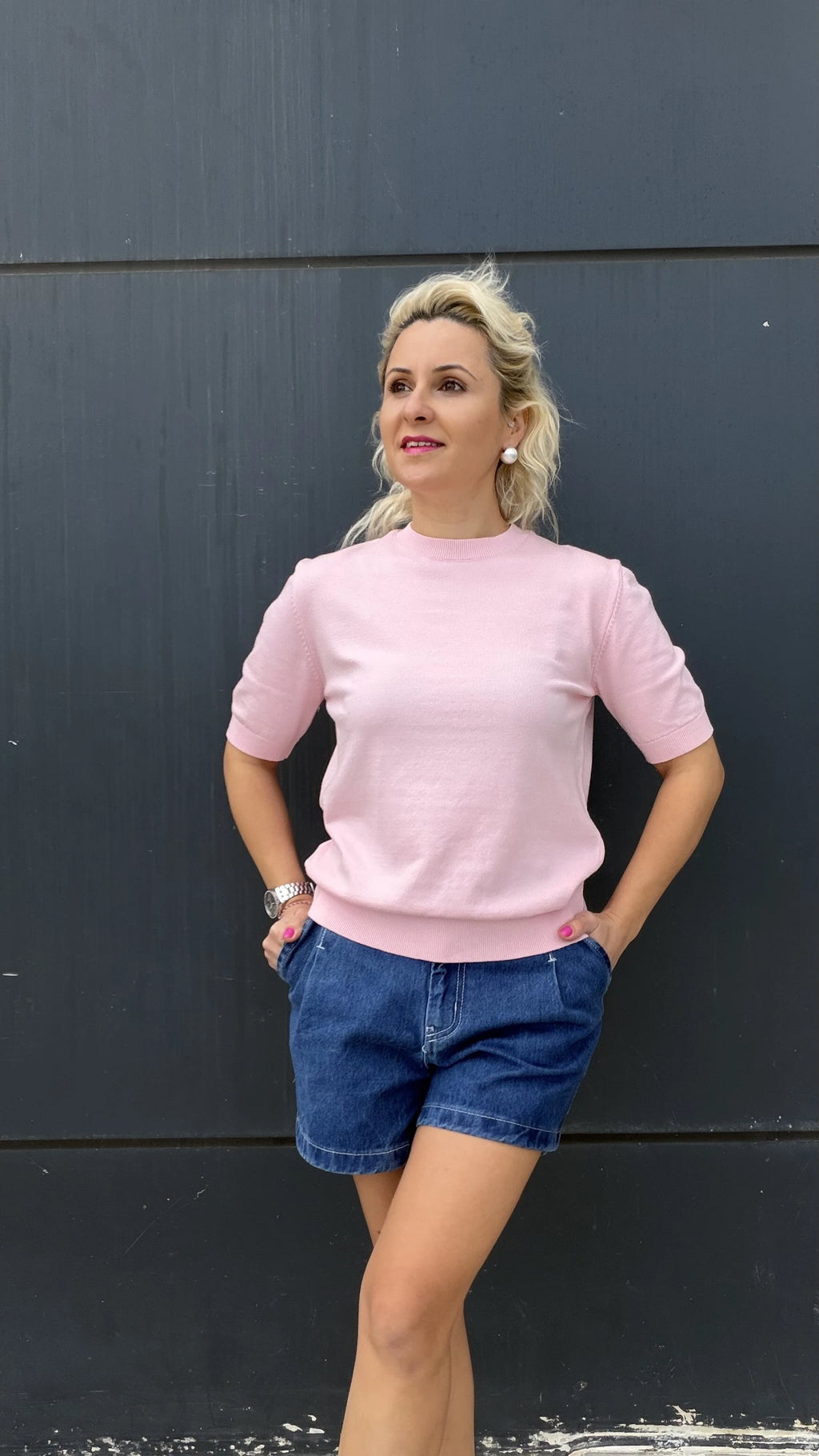 Bisiklet Yaka Kısa Kol Triko Bluz Pembe