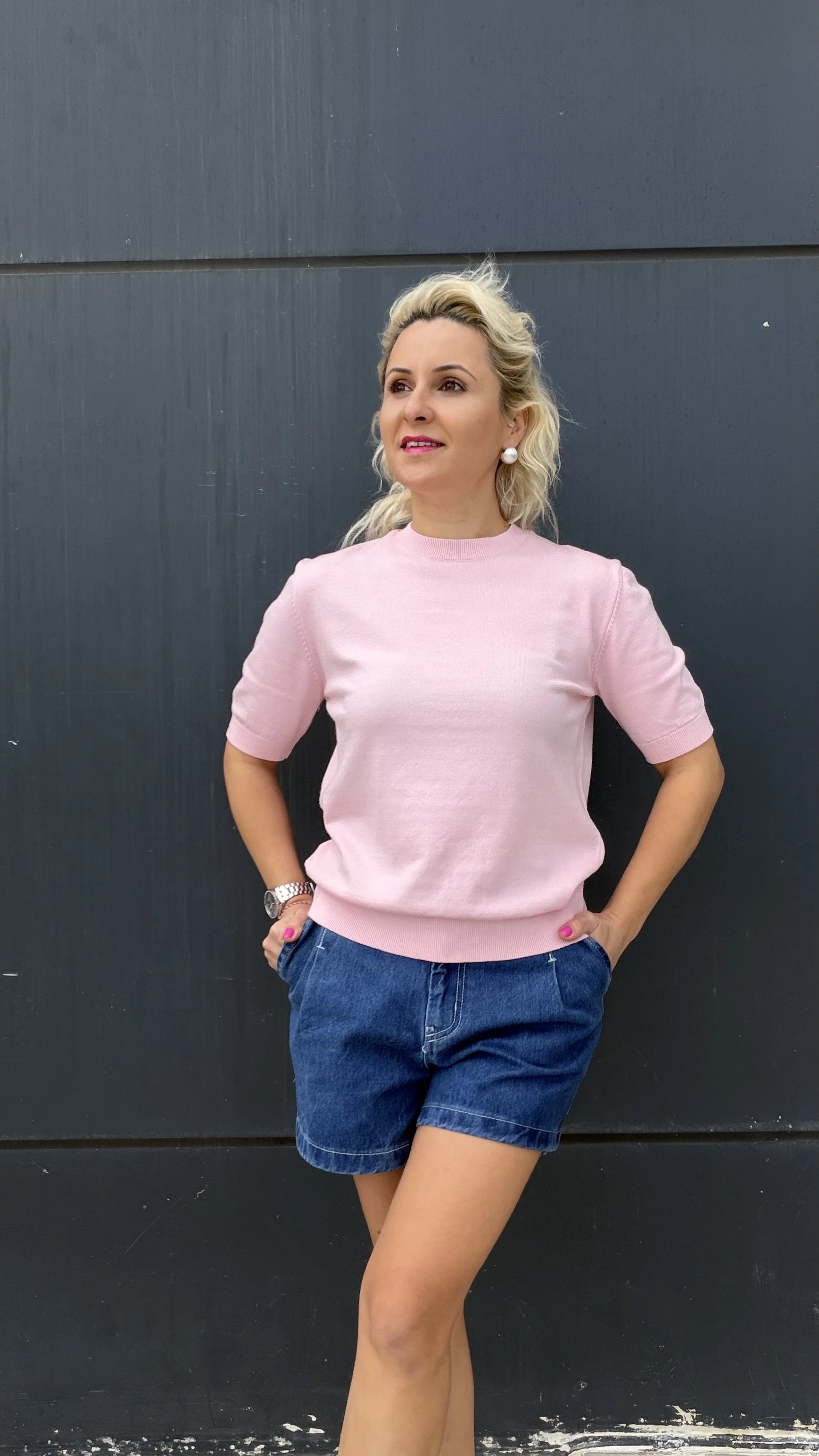 Bisiklet Yaka Kısa Kol Triko Bluz Pembe