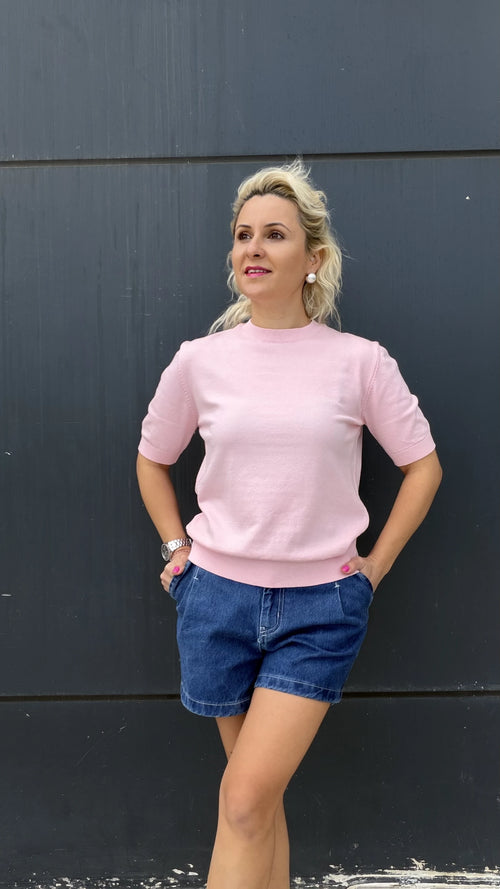 Bisiklet Yaka Kısa Kol Triko Bluz Pembe