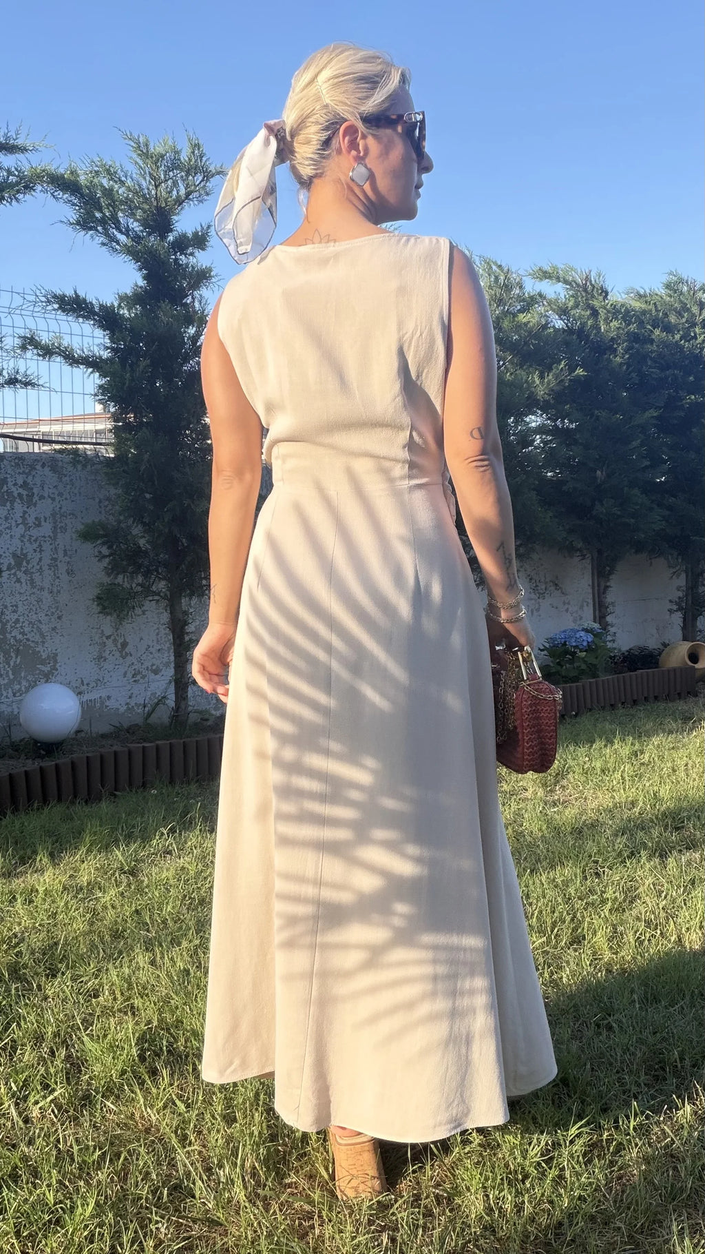 Keten Beli Kuşaklı Elbise Ekru - 4