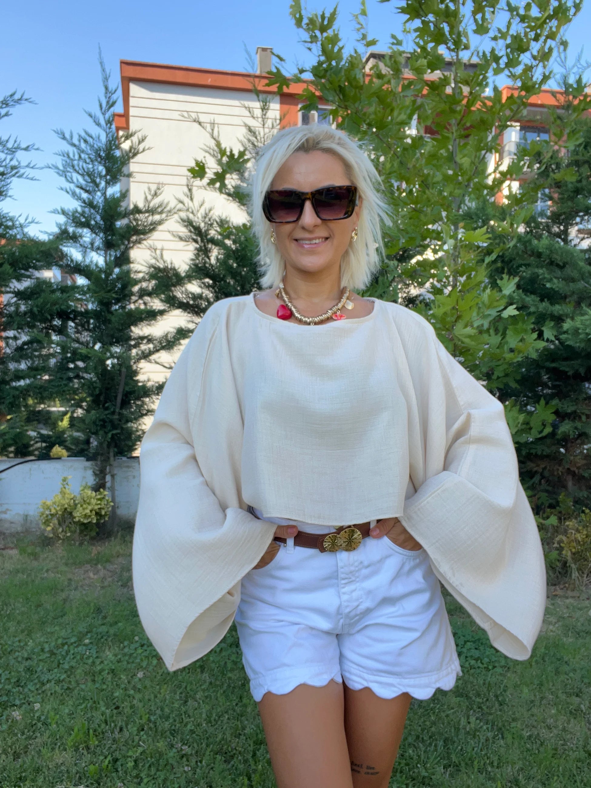 Yarasa Kol Müslin Kumaş Bluz - 4